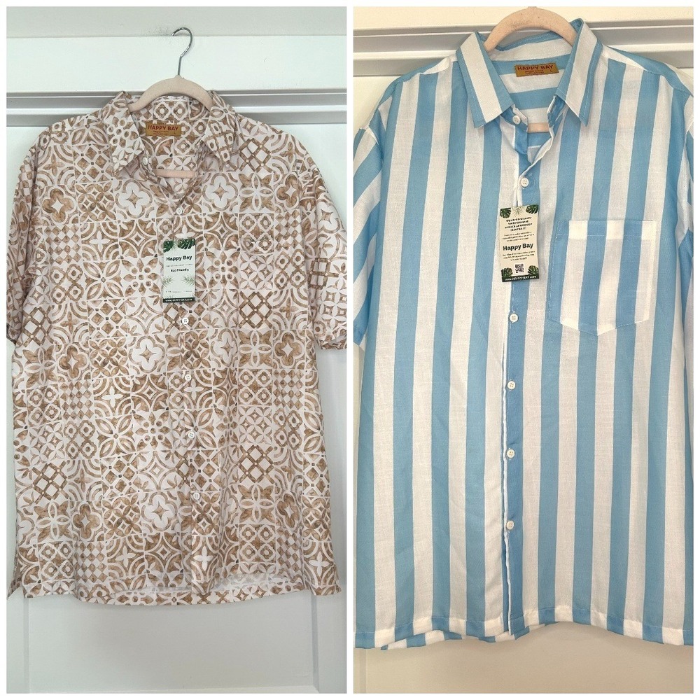 NEW set of Happy Bay Mens Short Sleeve Hawaiian Shirts Large Boho Beach Relaxed